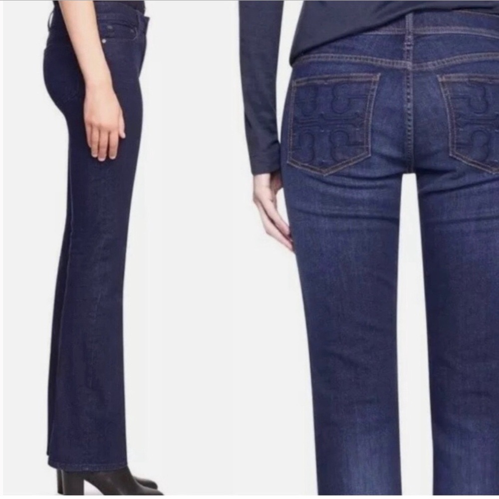 Tory Burch Classic Tory Boot Jeans Size 29 Blue w/ Logo Back Pockets 33” inseam
